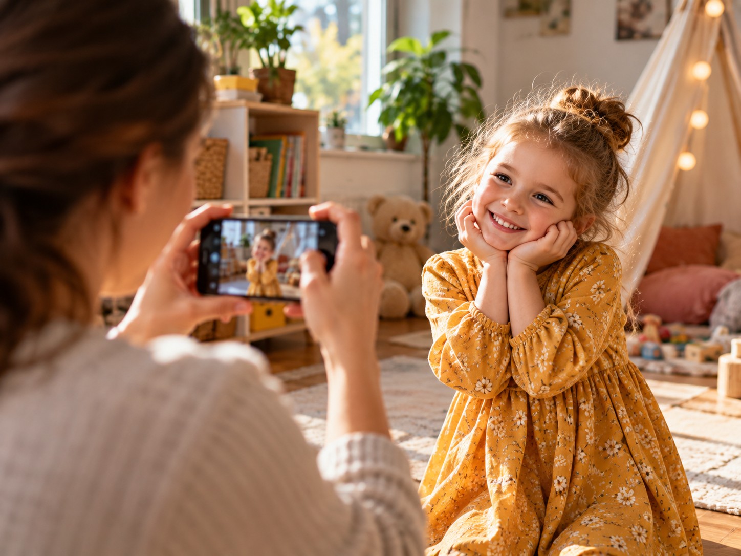 Мама фотографує усміхнену доньку в затишній дитячій кімнаті, наповненій іграшками, книжками та м’якими іграшками. Тепле сонячне світло й невимушена домашня атмосфера передають тему дитячих фотографій і сімейних спогадів.